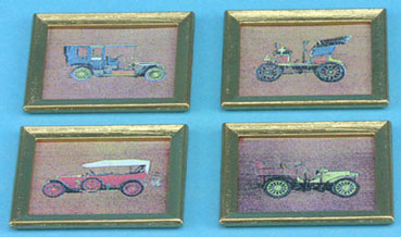 Dollhouse Miniature Antique Car Prints/Set Of 4